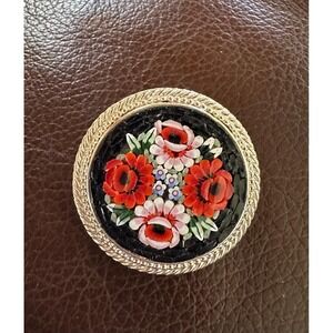 Micro mosaic flower pin Red Roses Black